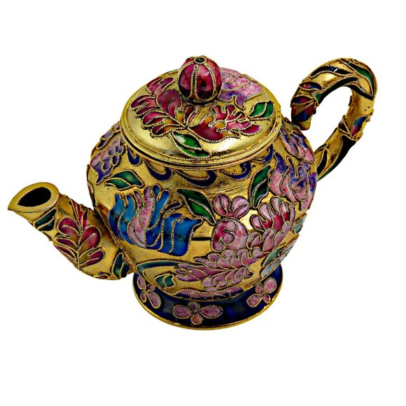 Vintage Small Cloisonné Hand-Painted and Enamel Gold Gilt Teapot and Lid - Picture 1 of 9
